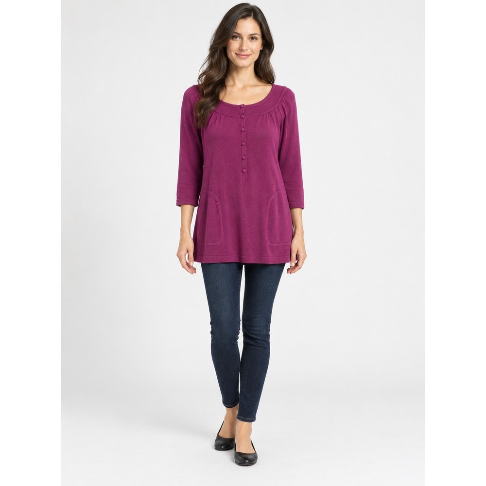 Susan Graver Tunic Top Women XS Magenta Purple Henley Pockets 3/4 Sleeve Knit